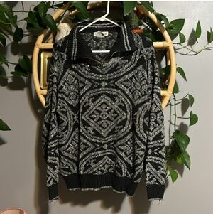 Elegant Black and Gray Geometric Men's Turtleneck Sweater